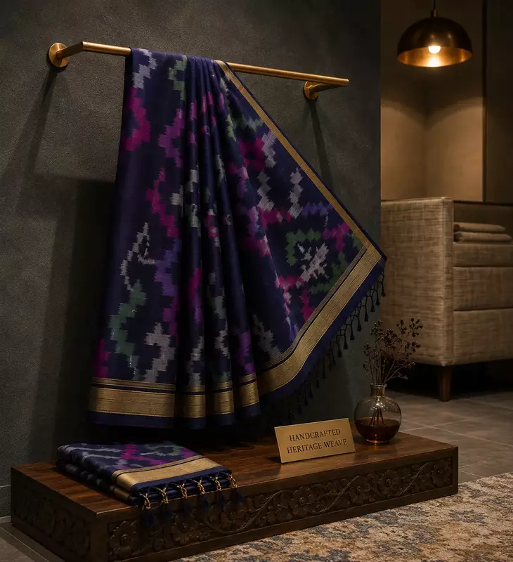 Black ikat silk saree with multicolour temple motifs, zari border and ikat blouse