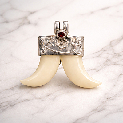 Sterling Silver Faux Ivory Tiger Tooth Pendant | Artificial Ivory Double Tooth Design with Red Stone