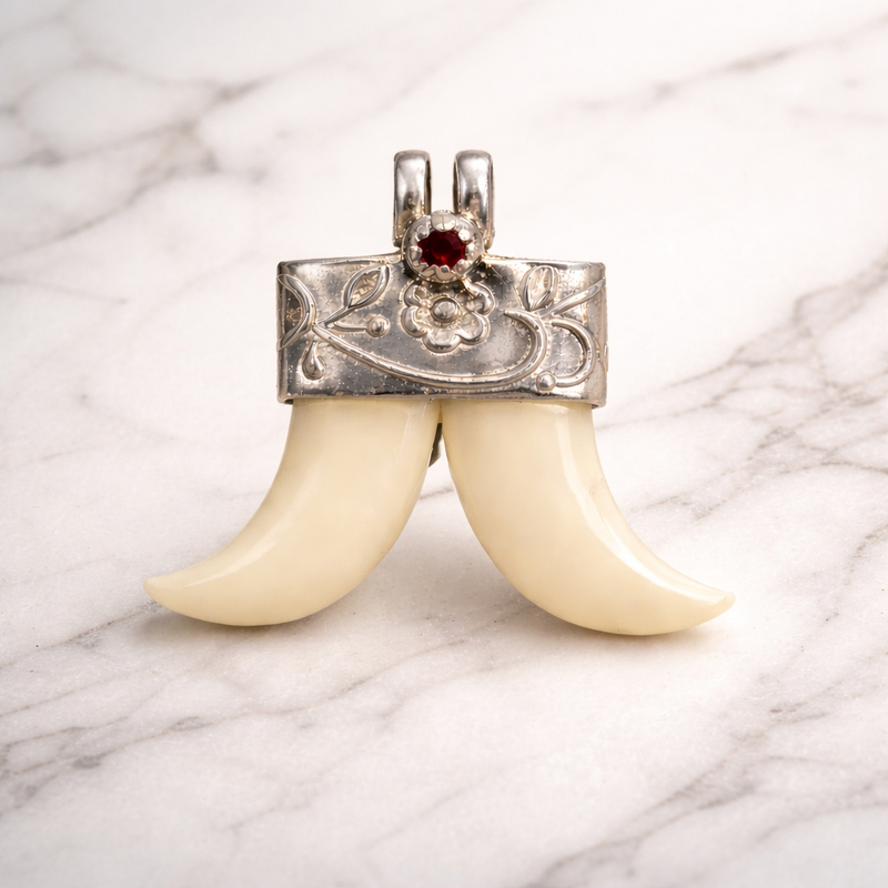 Sterling Silver Faux Ivory Tiger Tooth Pendant | Artificial Ivory Double Tooth Design with Red Stone