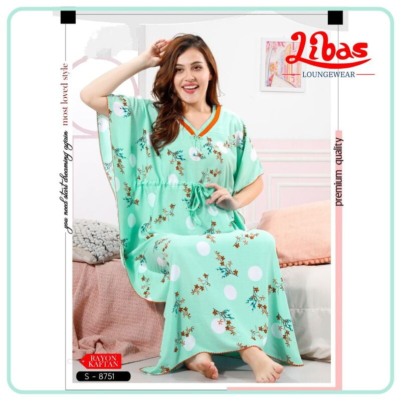 Water Leaf Premium Rayon Kaftan Nighty With Tiny Floral Print All Over From Libas Loungewear - KF343 Water Leaf Premium Rayon Kaftan Nighty With Tiny Floral Print All Over From Libas Loungewear - KF343