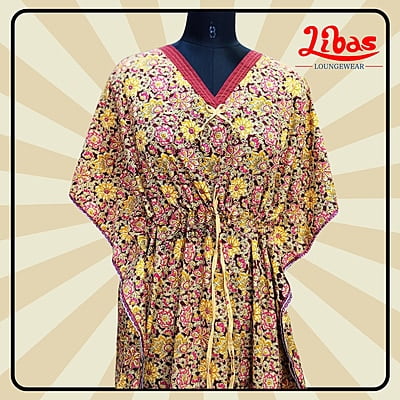 Maroon Cotton Kaftan Nighty With Floral Design From Libas Loungewear - KF386