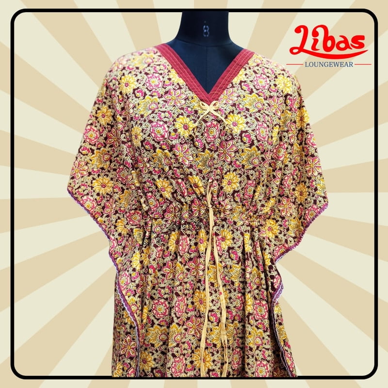 Maroon Cotton Kaftan Nighty With Floral Design From Libas Loungewear - KF386