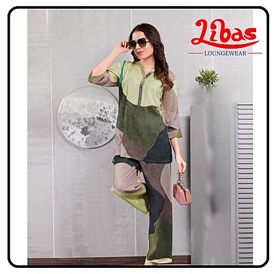 Olive Grove Geometric Top & Bottom Hosiery Cotton Women Night Suit From Libas Loungewear- FPS155