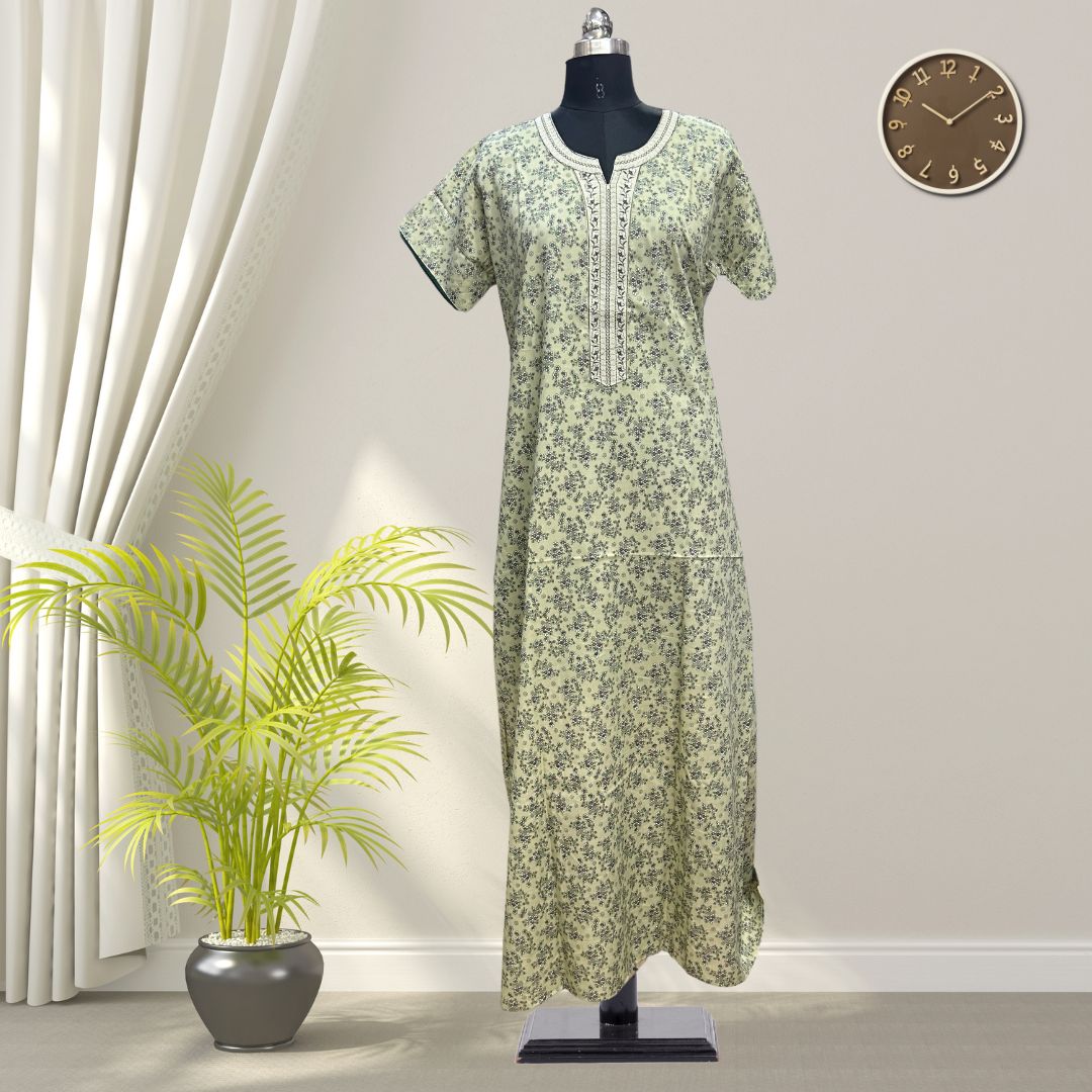 Grass Green Soft Cotton Nighty With All Over From Libas Loungewear - AL1107