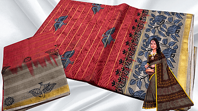 Batik Jari Pure Cotton Saree - Apple Red & Cream Batik Jari Pure Cotton Saree - Apple Red & Cream