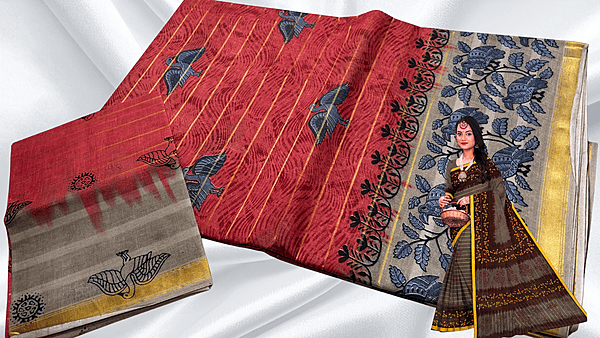 Batik Jari Pure Cotton Saree - Apple Red & Cream