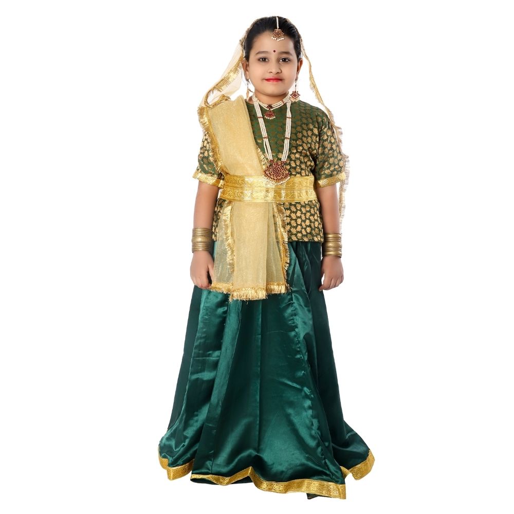 Kathak Dance Dress Costume Bottle Green & Golden Kathak Dance Dress Costume Bottle Green & Golden