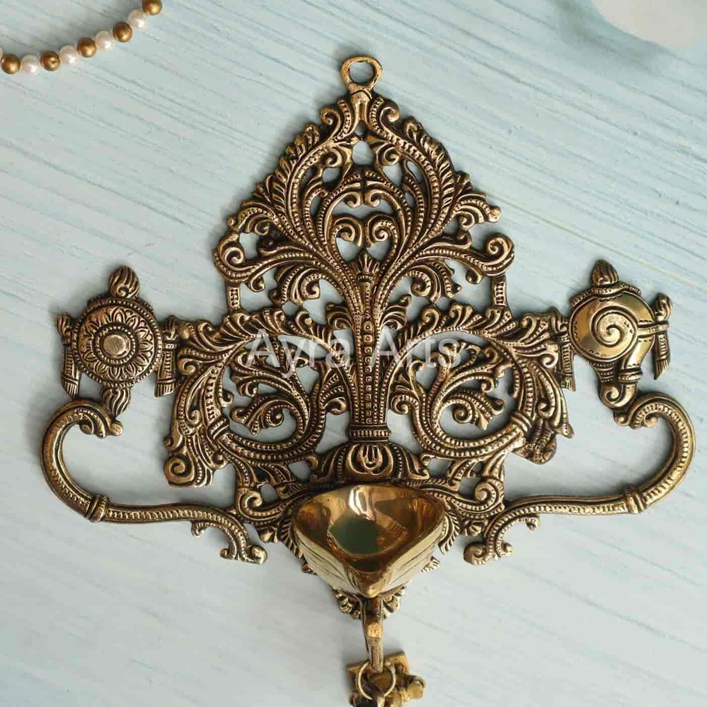 Brass Wall Hanging Shanku Chakra Diya with Bell - 11.5 inch Height | Divine Brass Shanku Chakra Diya with Bell