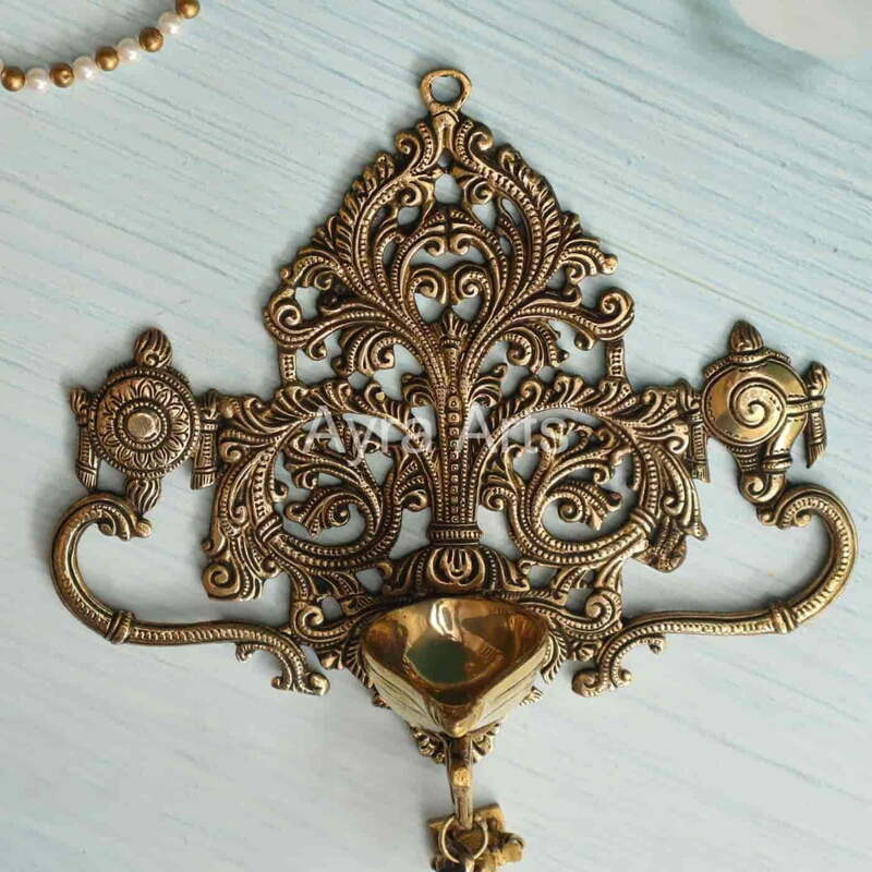 Brass Wall Hanging Shanku Chakra Diya with Bell - 11.5 inch Height | Divine Brass Shanku Chakra Diya with Bell