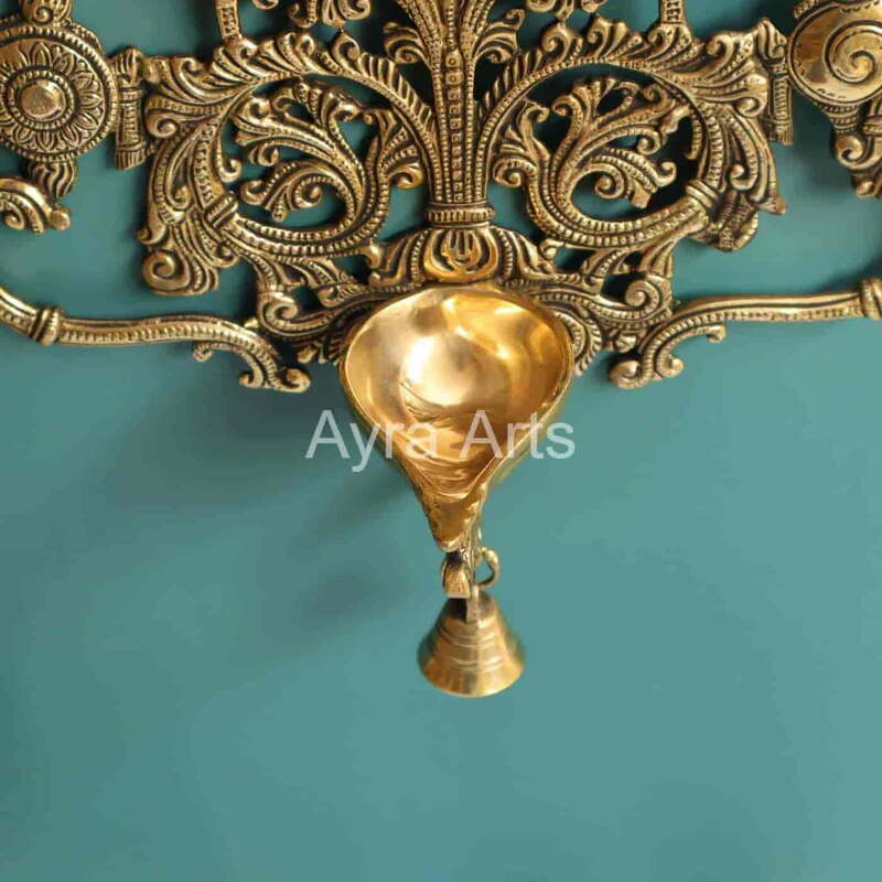 Brass Wall Hanging Shanku Chakra Diya with Bell - 11.5 inch Height | Divine Brass Shanku Chakra Diya with Bell