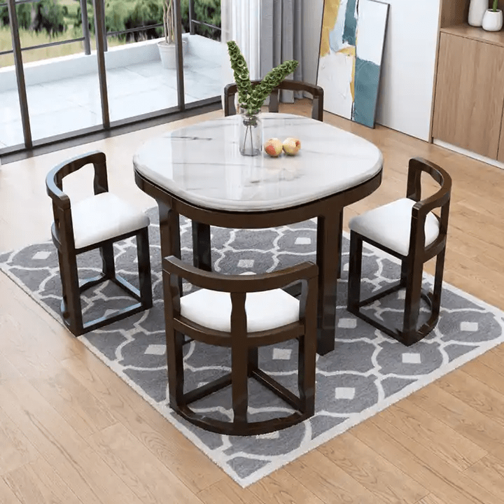 Modern Round Marble Dining Table Set with 4 Curved Back Chairs Space Saving Design