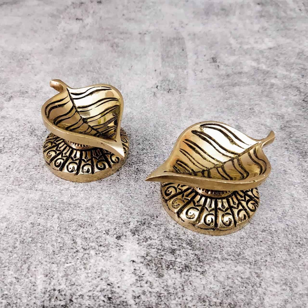 Brass Peeple Leaf Design Diya Pair - 1.5 inch Height | Decorative Brass Diya Pair with Peeple Leaf Design