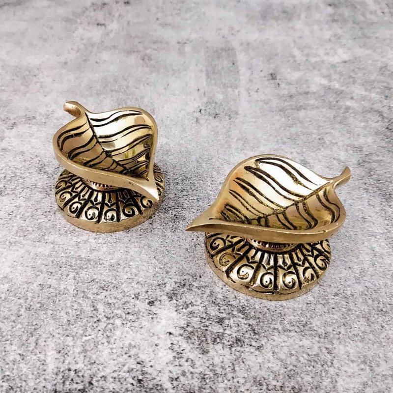 Brass Peeple Leaf Design Diya Pair - 1.5 inch Height | Decorative Brass Diya Pair with Peeple Leaf Design