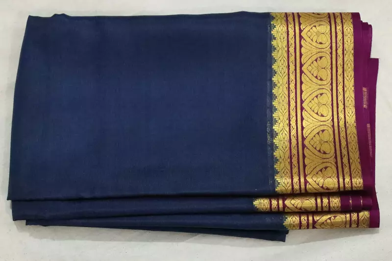 Elegant blue mysore silk saree with rich gold zari border and magenta pallu