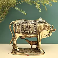Brass Kamadhenu Cow and Calf - 11 inch Height | Sacred Brass Kamadhenu Cow and Calf Idol for Blessings and Prosperity