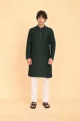 Men Ethnic Embroidered Long Kurta - Green
