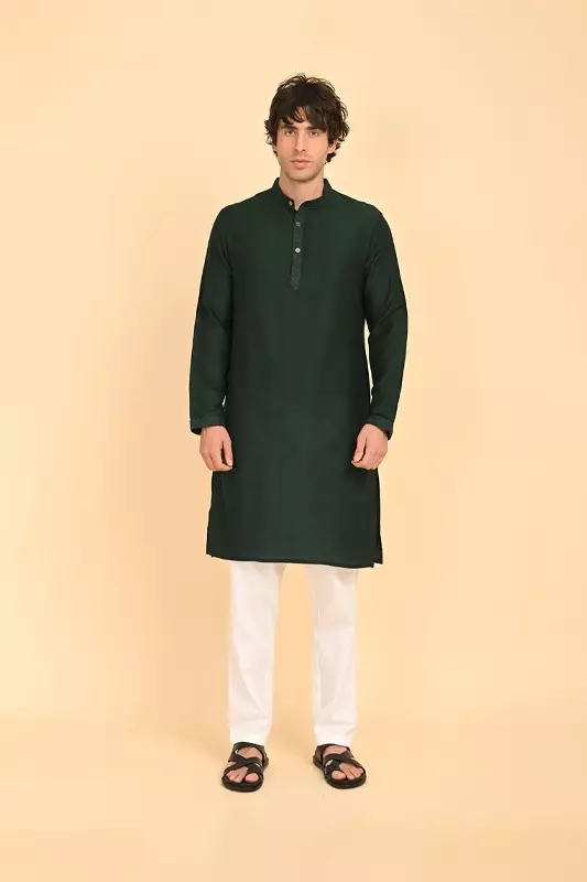 Men Ethnic Embroidered Long Kurta - Green