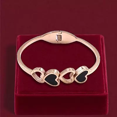 Dainty Heart Bangle Bracelet with Black Enamel