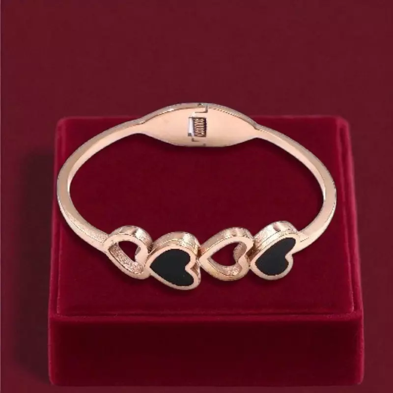 Dainty Heart Bangle Bracelet with Black Enamel