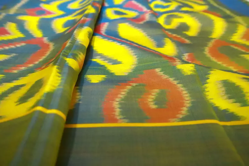 Green Ikat Silk Saree with Yellow Motifs & Silver Zari Border with Ikat blouse| Handloom Saree