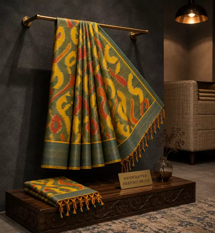 Green Ikat Silk Saree with Yellow Motifs & Silver Zari Border with Ikat blouse| Handloom Saree