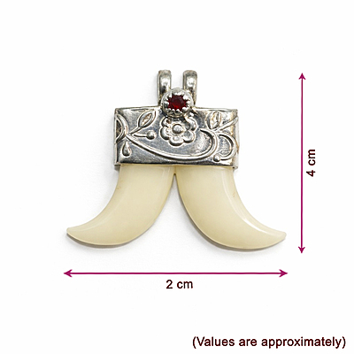 Sterling Silver Faux Ivory Tiger Tooth Pendant | Artificial Ivory Double Tooth Design with Red Stone