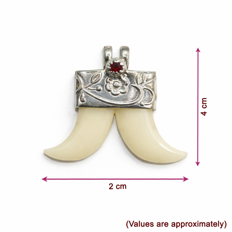 Sterling Silver Faux Ivory Tiger Tooth Pendant | Artificial Ivory Double Tooth Design with Red Stone