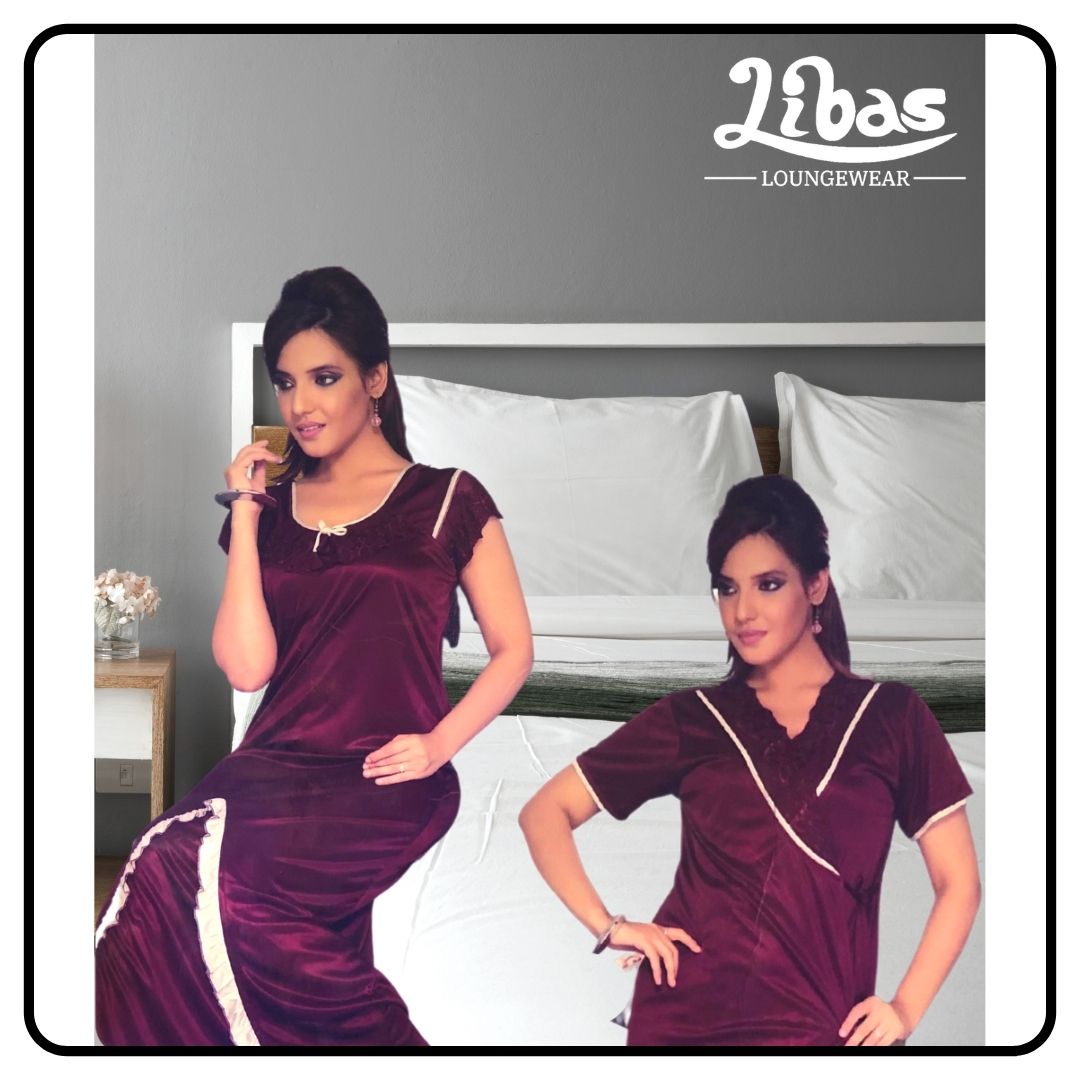 Dark pinkish maroon satin two piece fancy nighty with net & lace work from libas loungewear-FCN049 Dark pinkish maroon satin two piece fancy nighty with net & lace work from libas loungewear-FCN049