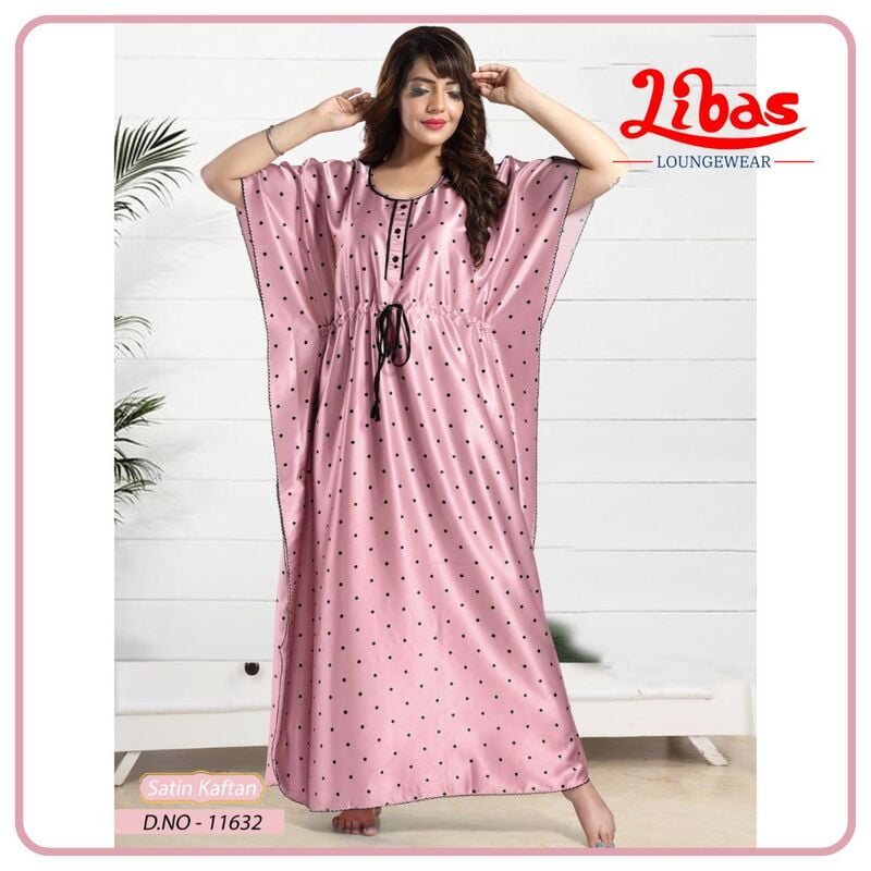 Blossom Pink Armani Satin Kaftan Nighty With Polka Design All Over From Libas Loungewear - KF350 Blossom Pink Armani Satin Kaftan Nighty With Polka Design All Over From Libas Loungewear - KF350