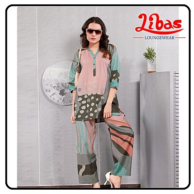 Peachy Blush Abstract Geometric Top & Bottom Hosiery Cotton Night Suit From Libas Loungewear-FPS156