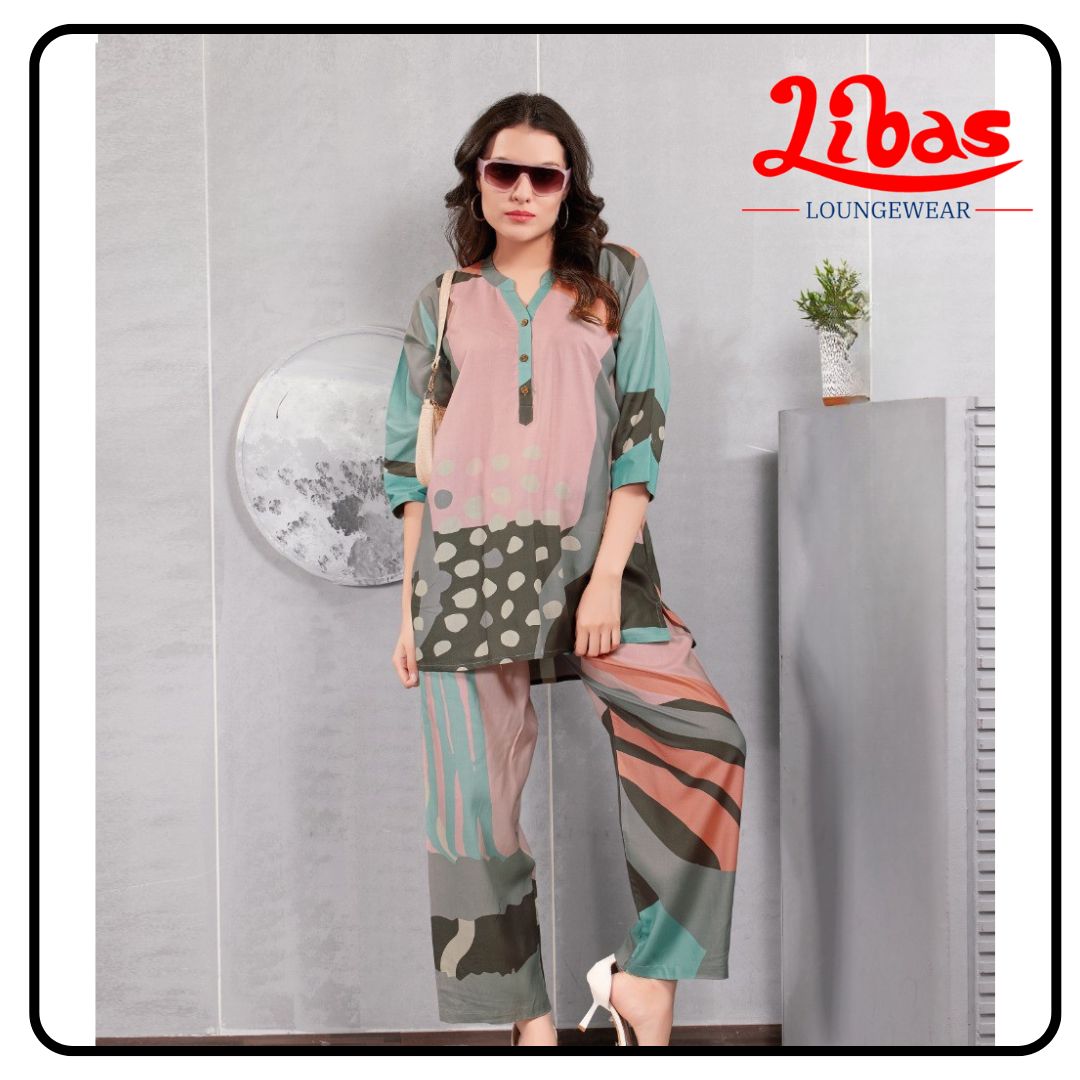 Peachy Blush Abstract Geometric Top & Bottom Hosiery Cotton Night Suit From Libas Loungewear-FPS156 Peachy Blush Abstract Geometric Top & Bottom Hosiery Cotton Night Suit From Libas Loungewear-FPS156