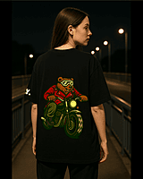 Unisex Black Biker Bear Graphic Printed Oversized Tee