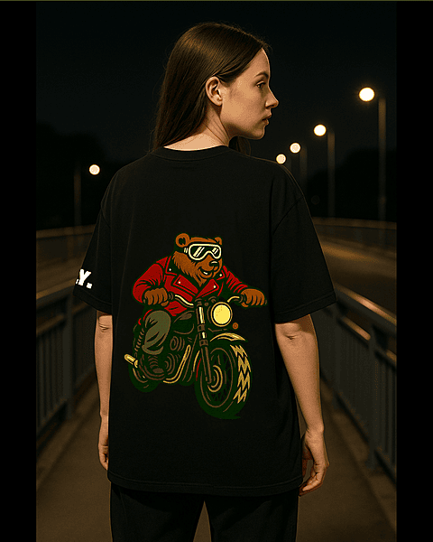 Unisex Black Biker Bear Graphic Printed Oversized Tee