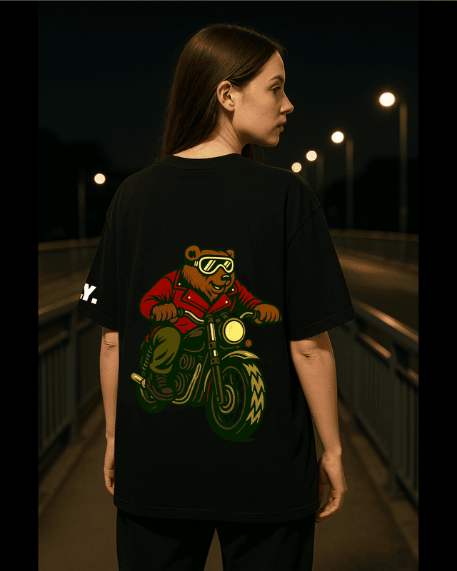Unisex Black Biker Bear Graphic Printed Oversized Tee
