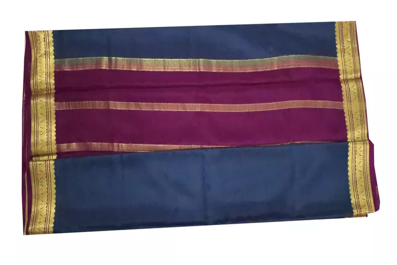 Elegant blue mysore silk saree with rich gold zari border and magenta pallu