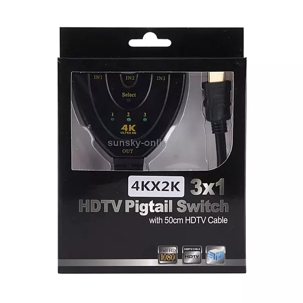 4K Ultra HD HDMI 3×1 Switch – Pigtail Design with 50cm HDMI Cables