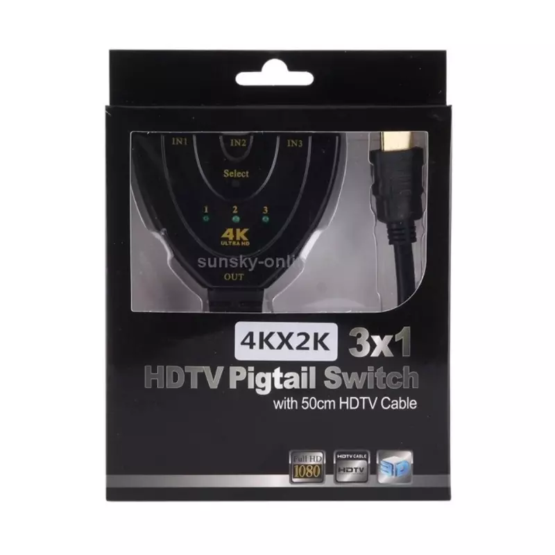 4K Ultra HD HDMI 3×1 Switch – Pigtail Design with 50cm HDMI Cables