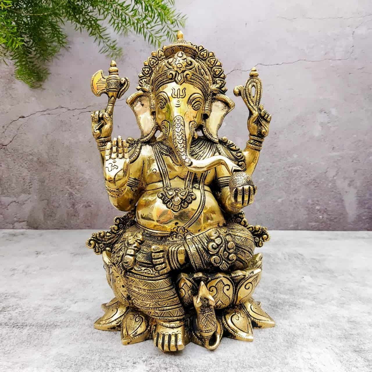 Brass Super Fine Ganesh Idol - 11.5 inch Height | Auspicious Brass Ganesh Sculpture for Pooja