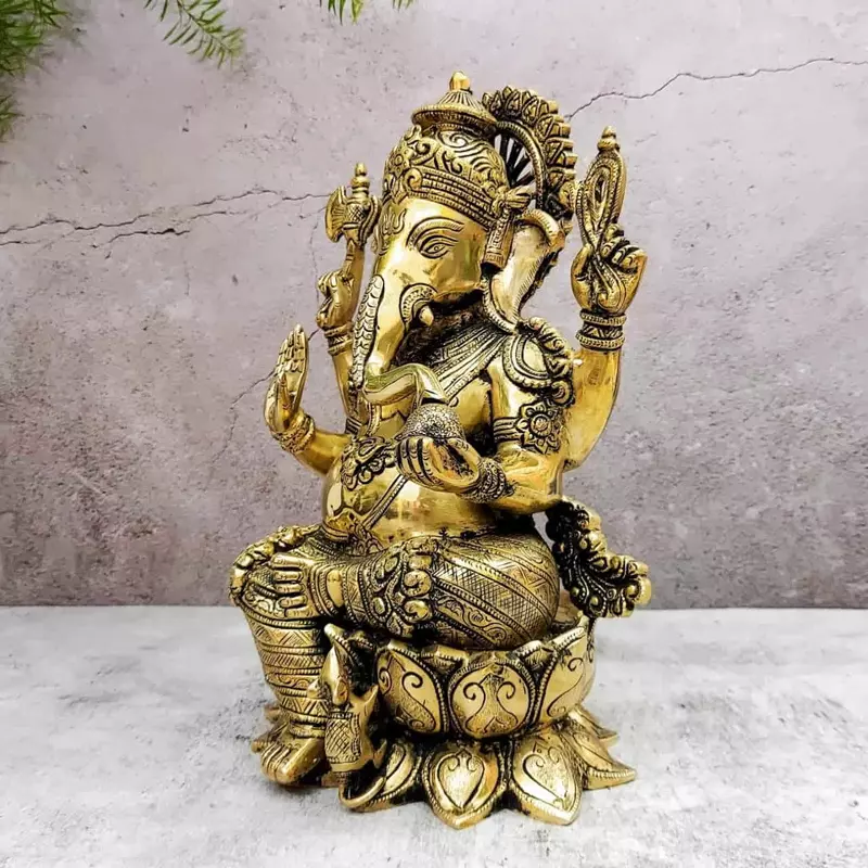 Brass Super Fine Ganesh Idol - 11.5 inch Height | Auspicious Brass Ganesh Sculpture for Pooja
