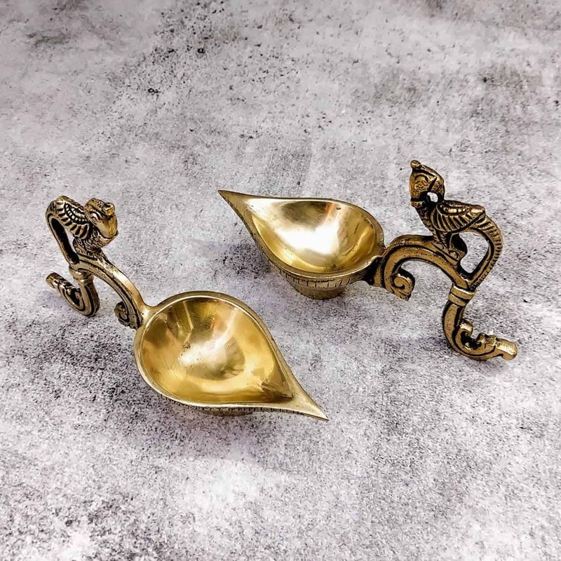 Brass Bird Diya Pair - 3.2 inch Height | Decorative Brass Diya Pair with Bird Design