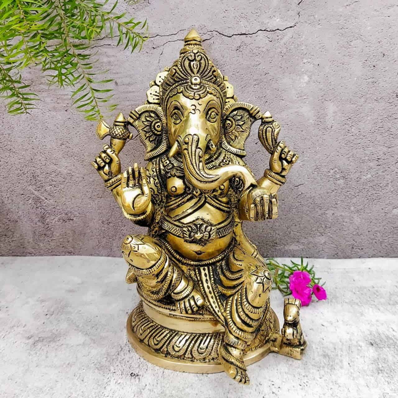 Brass Super Fine Ganesha Idol - 11 inch Height | Auspicious Brass Ganesha Sculpture for Pooja