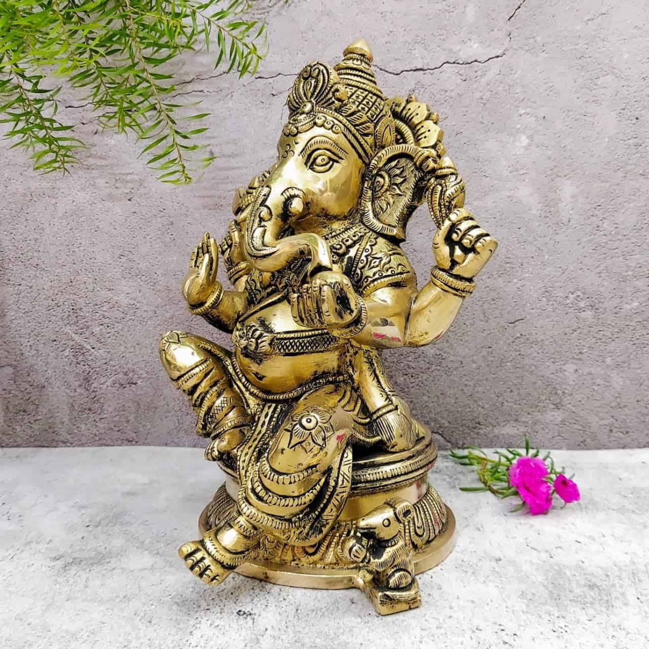 Brass Super Fine Ganesha Idol - 11 inch Height | Auspicious Brass Ganesha Sculpture for Pooja
