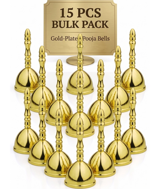 CamelCase 15 Pcs 100% Pure  Brass Pooja Bell (4.5 Inch) - Gold Lacquer Finishes (Dhwani)