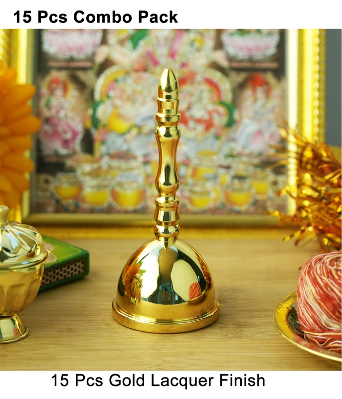 CamelCase 15 Pcs 100% Pure  Brass Pooja Bell (4.5 Inch) - Gold Lacquer Finishes (Dhwani)