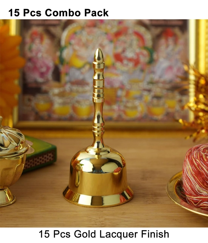 CamelCase 15 Pcs 100% Pure Brass Pooja Bell - Gold Lacquer Finishes