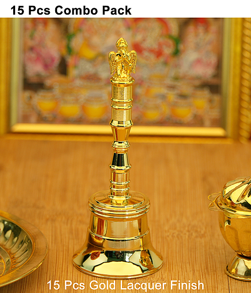 CamelCase 15 Pcs 100% Pure Brass Garud Pooja Bell - Gold Lacquer Finishes