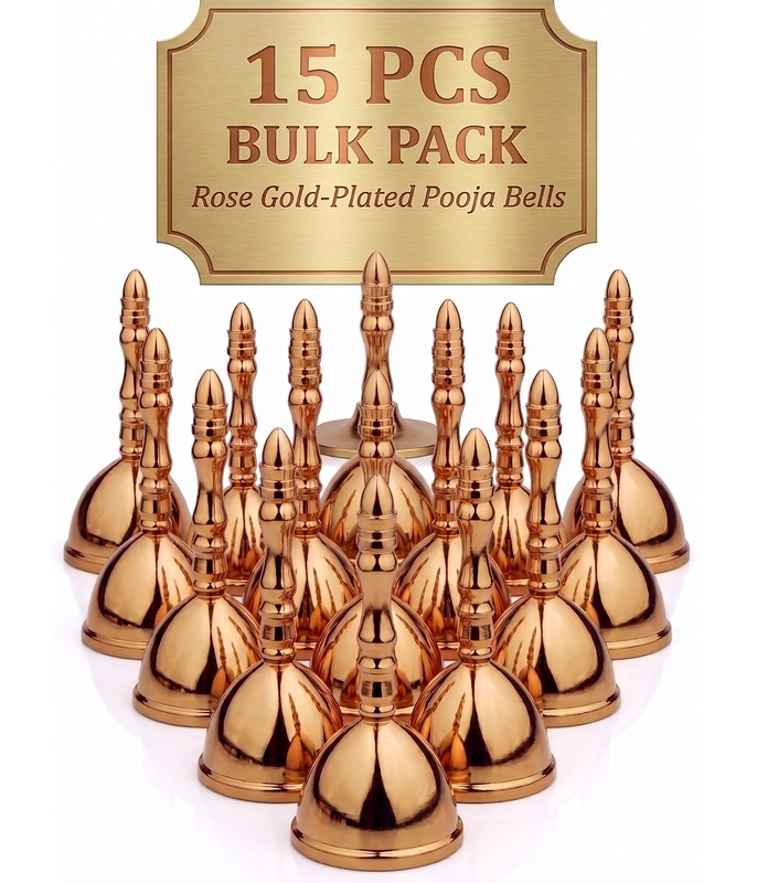 CamelCase 15 Pcs 100% Pure  Brass Pooja Bell (4.5 Inch) - Rose Gold Lacquer Finishes (Dhwani)