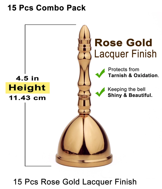CamelCase 15 Pcs 100% Pure  Brass Pooja Bell (4.5 Inch) - Rose Gold Lacquer Finishes (Dhwani)