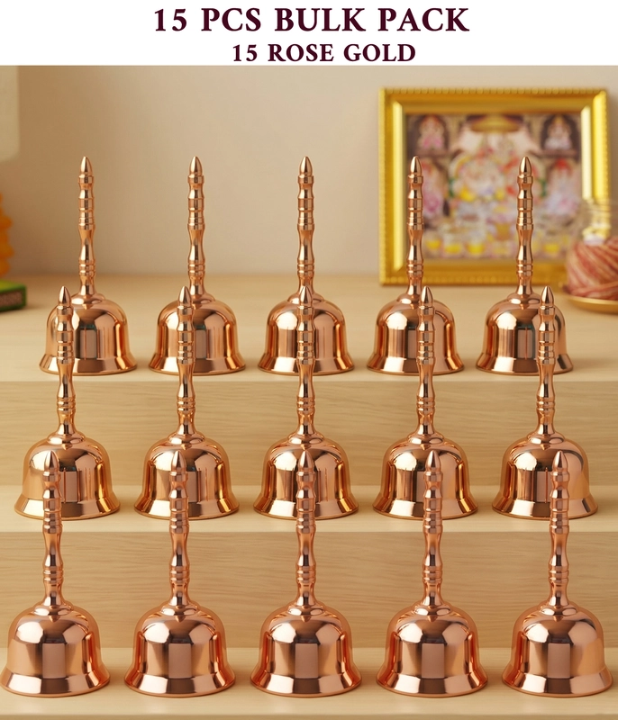 CamelCase 15 Pcs 100% Pure Brass Pooja Bell (4 Inch)- Rose Gold Lacquer Finishes (Jhankar)