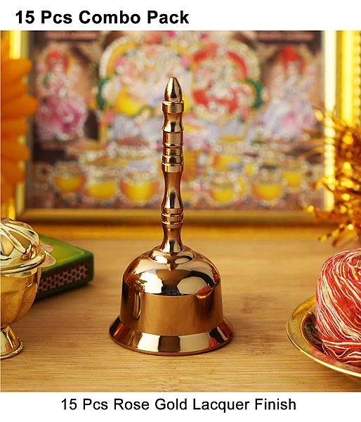 CamelCase 15 Pcs 100% Pure Brass Pooja Bell (4 Inch)- Rose Gold Lacquer Finishes (Jhankar)